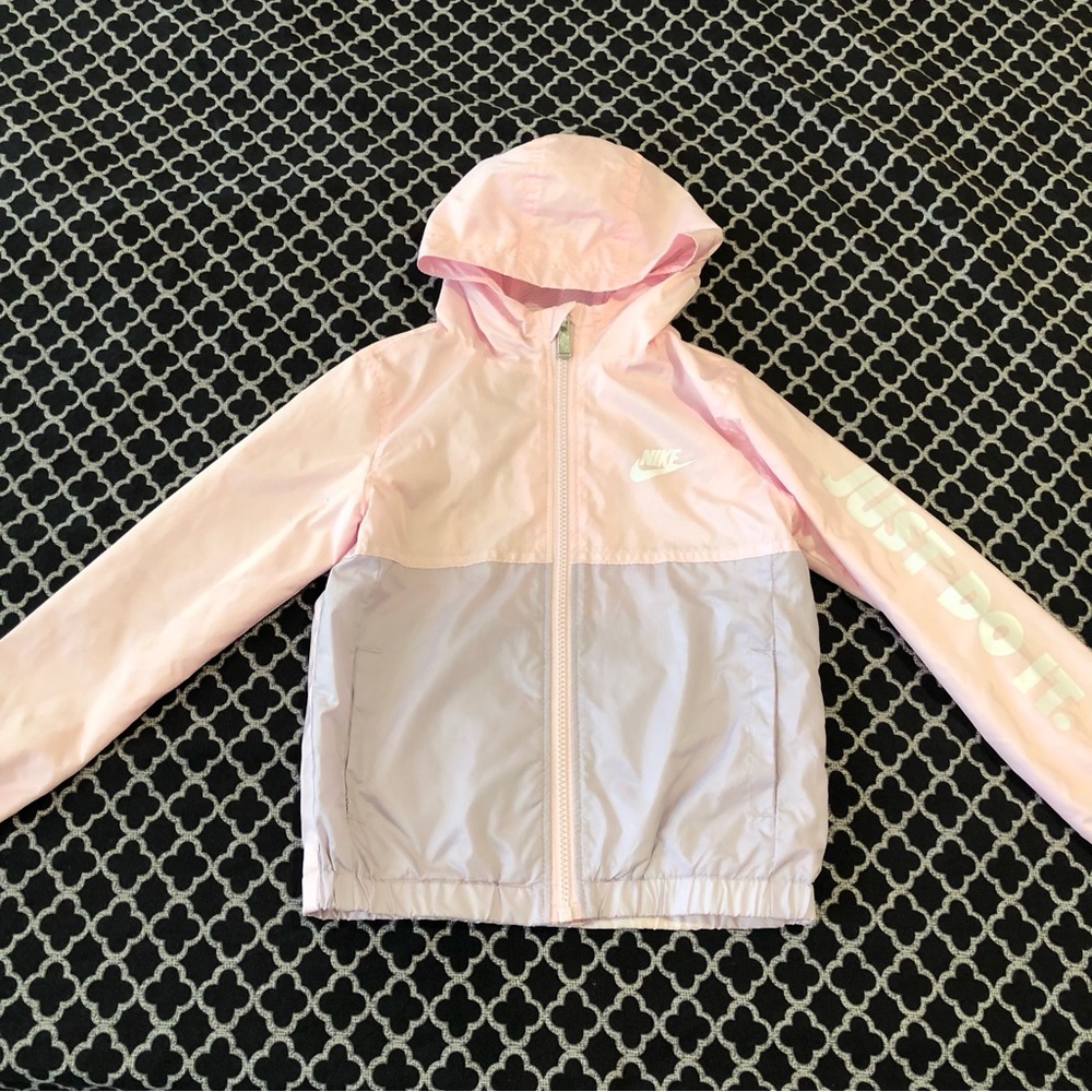 Nike Just Do It Girl’s Pink White Windbreaker Hooded Zip Toddler Jacket Size 4T